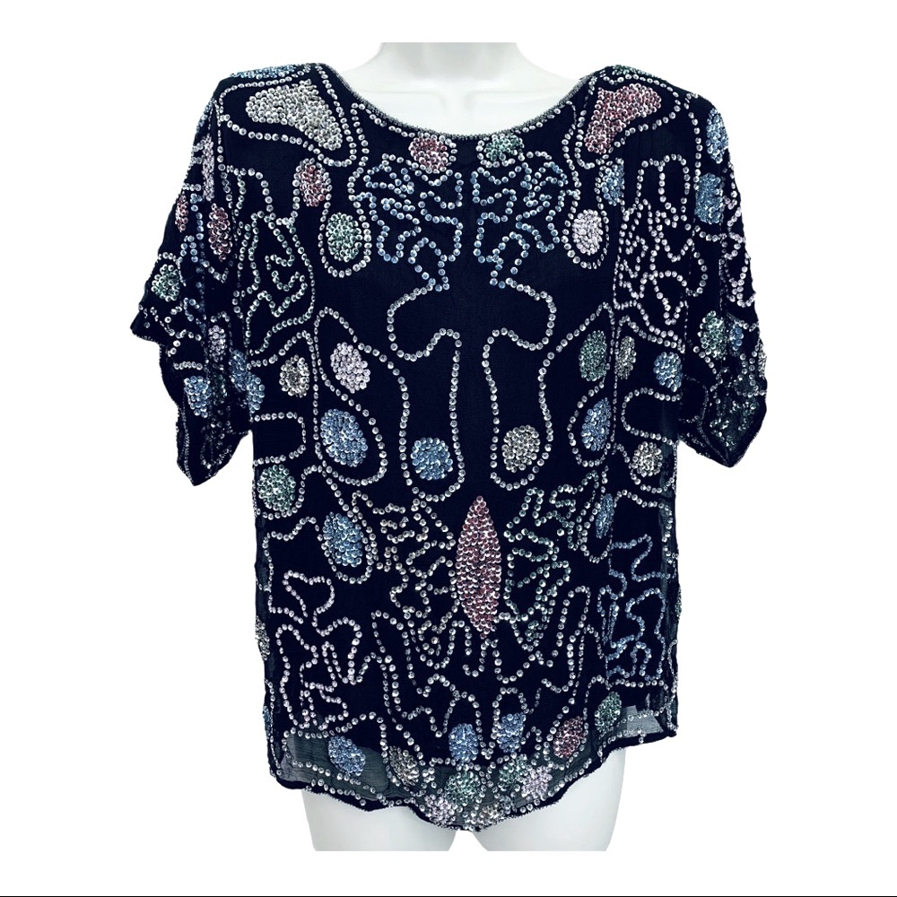 SWEE LO Women’s Silk VTG Sequined 80’s Black Evening Top